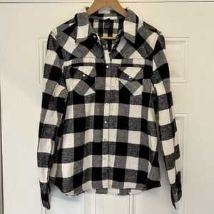Urban Groove Buffalo Plaid Flannel Shirt Western Pearl Snap Black White Sz Large